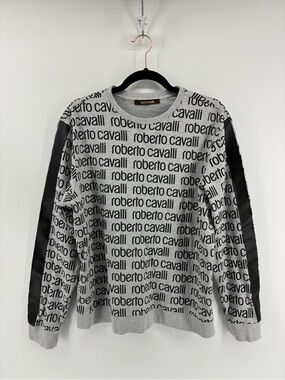Roberto Cavalli Light Gray Logo-Print Crewneck with Black Shoulder Panels